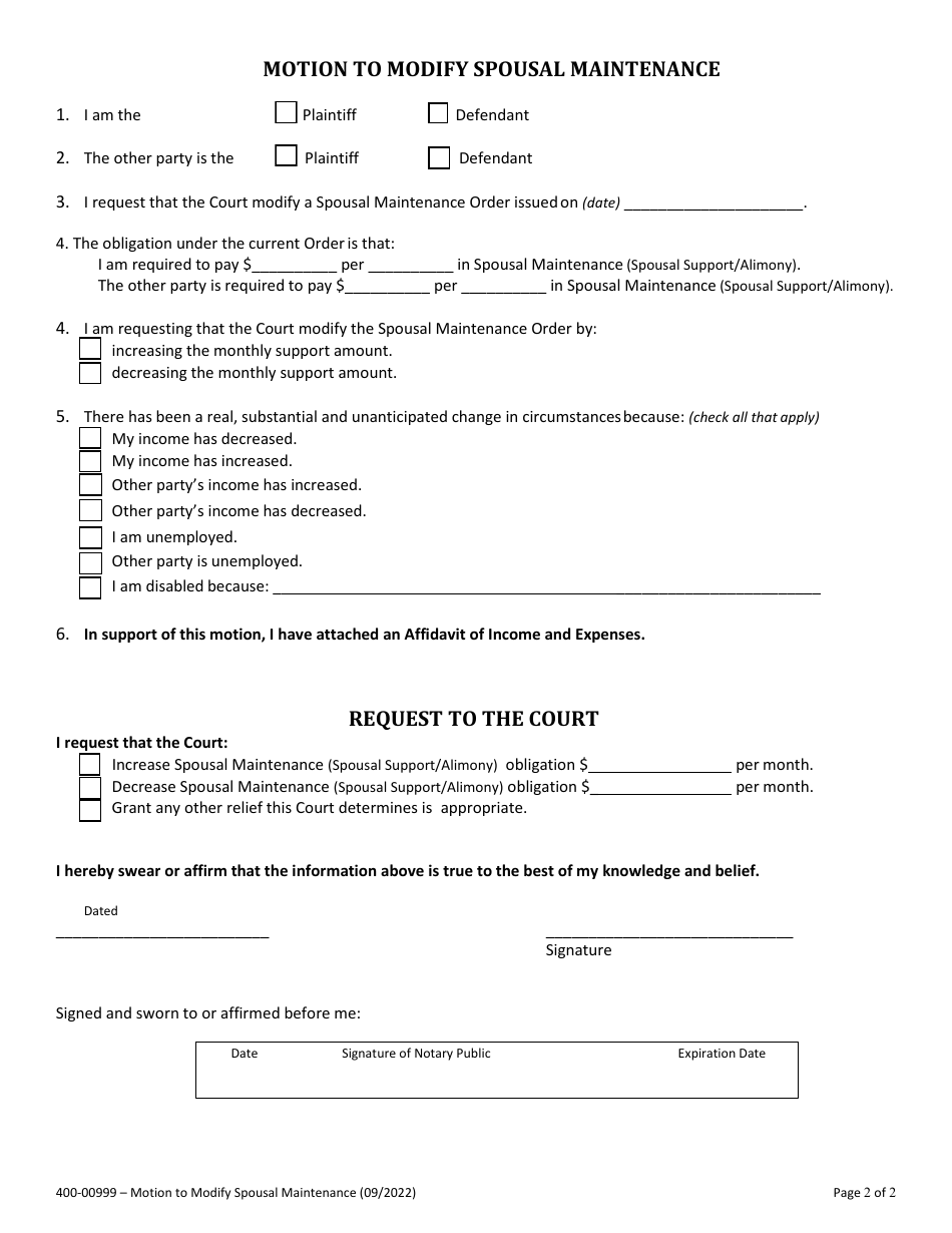 Form 400-00999 Motion to Modify Spousal Maintenance - Vermont, Page 2