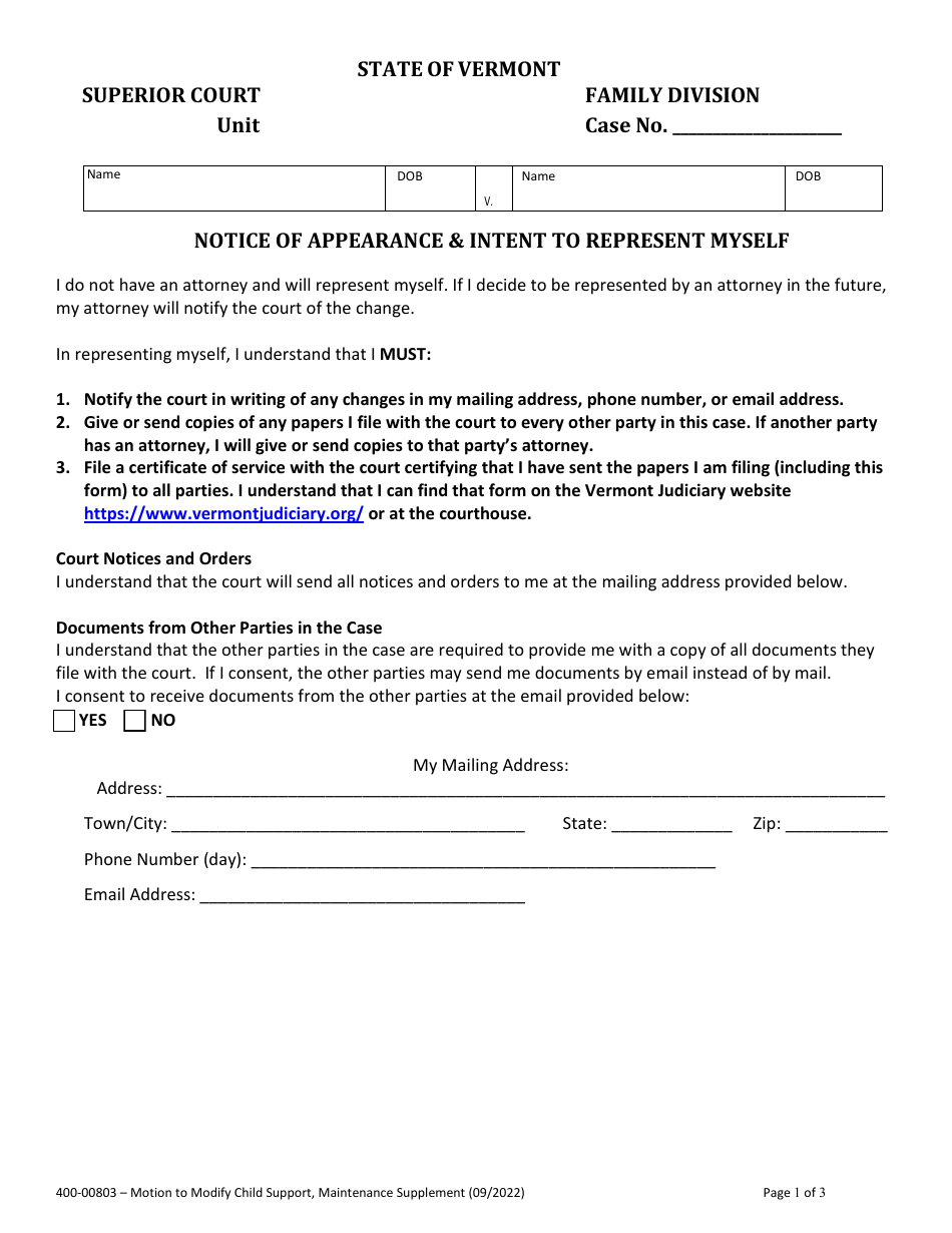 Form 400-00803 Motion to Modify Child Support, and / or Maintenance Supplement - Vermont, Page 1