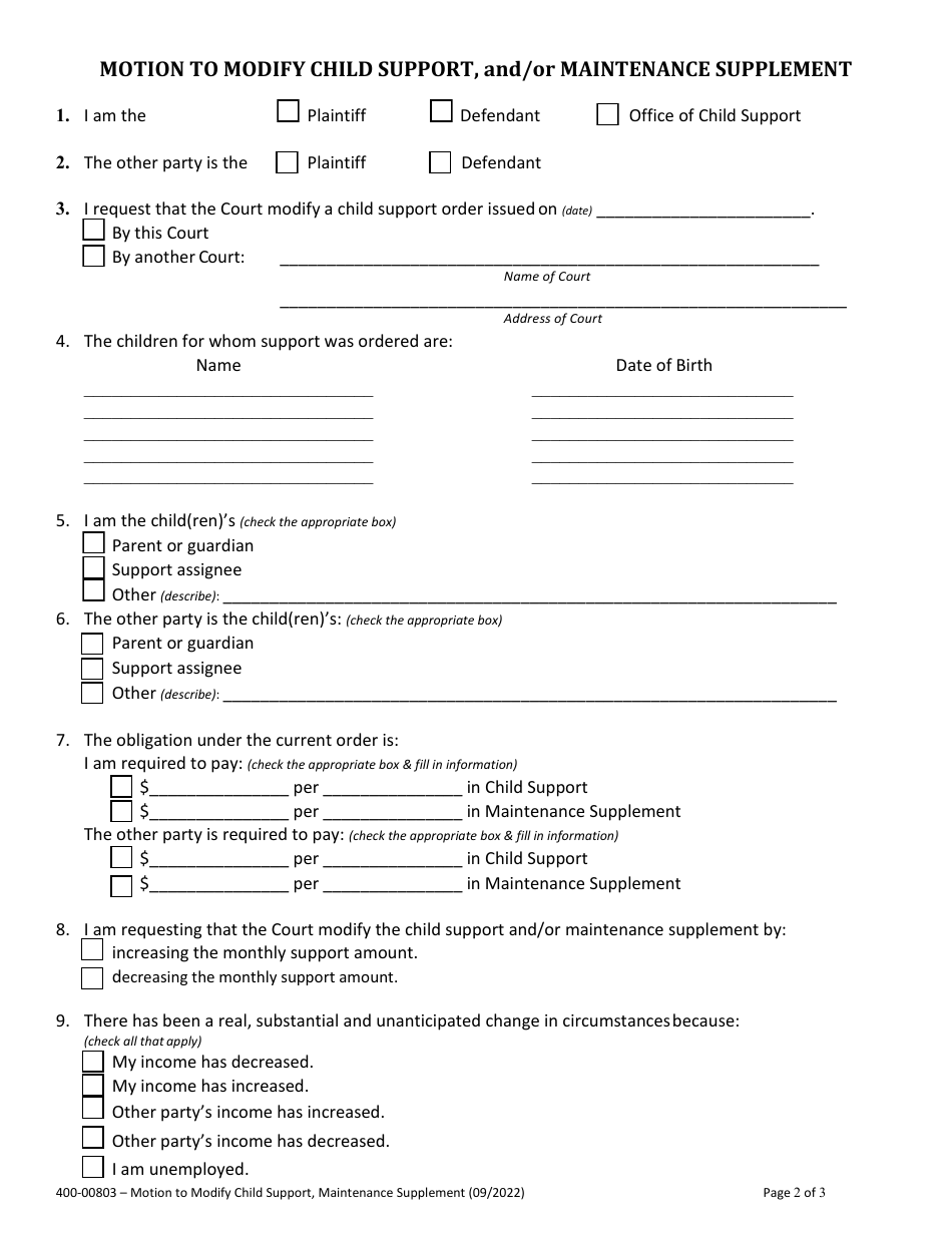 Form 400-00803 Motion to Modify Child Support, and / or Maintenance Supplement - Vermont, Page 2
