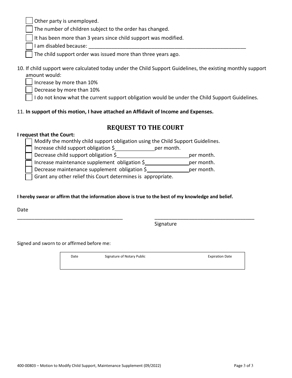 Form 400-00803 Motion to Modify Child Support, and / or Maintenance Supplement - Vermont, Page 3