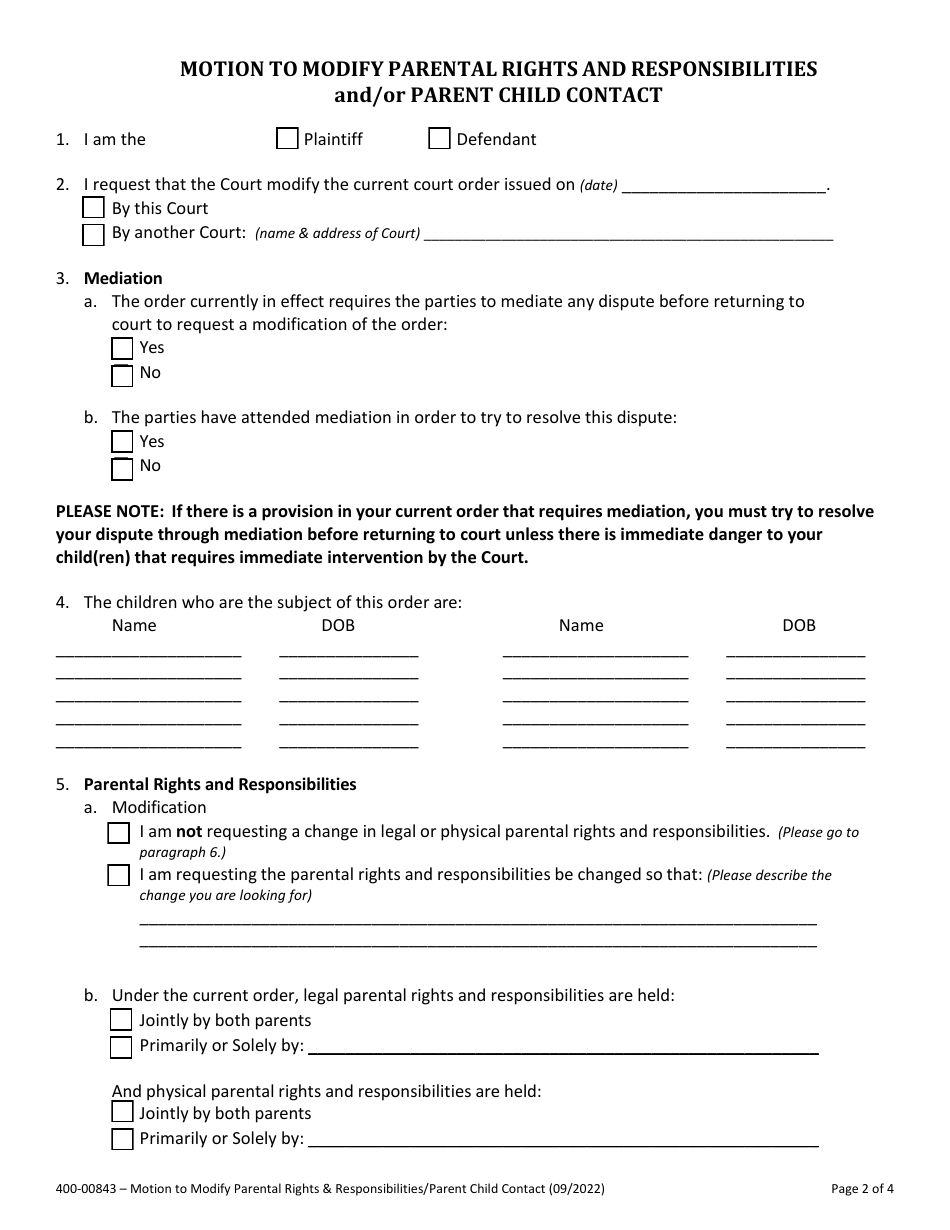 Form 400-00843 Motion to Modify Parental Rights and Responsibilities and / or Parent Child Contact - Vermont, Page 2