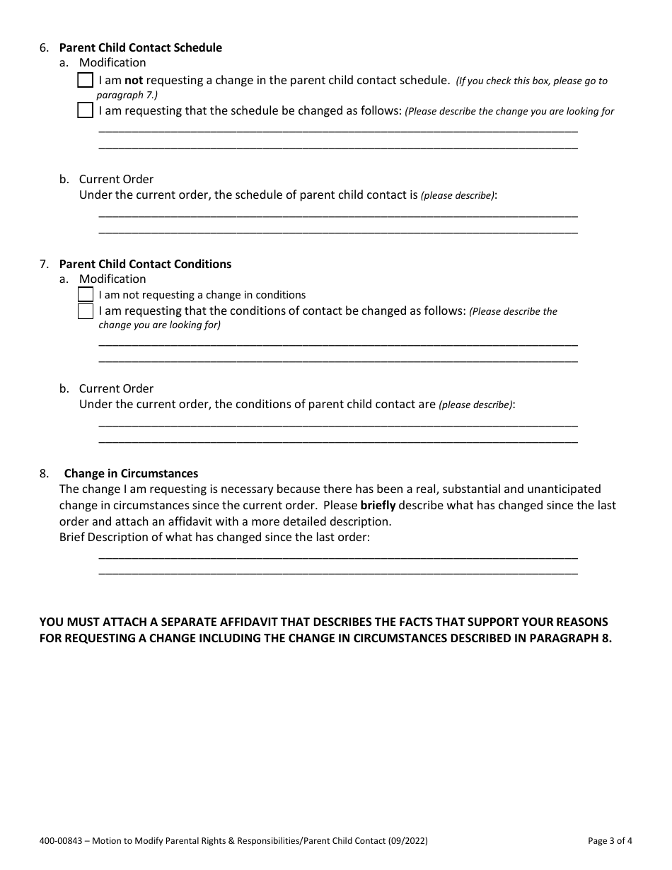 Form 400-00843 Motion to Modify Parental Rights and Responsibilities and / or Parent Child Contact - Vermont, Page 3