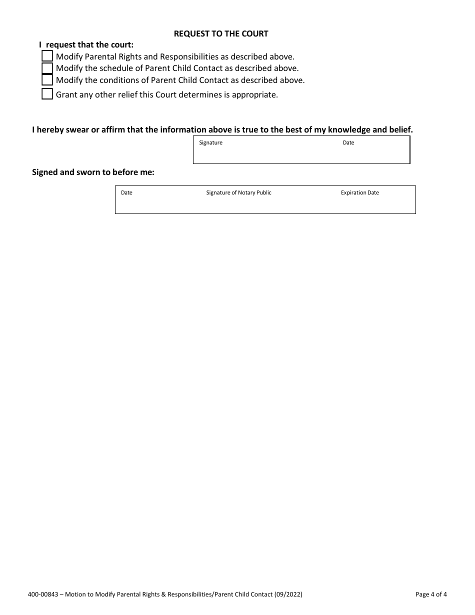 Form 400-00843 Motion to Modify Parental Rights and Responsibilities and / or Parent Child Contact - Vermont, Page 4