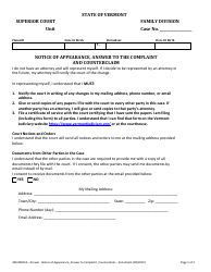 Document preview: Form 400-00815A Notice of Appearance, Answer to the Complaint and Counterclaim - Vermont