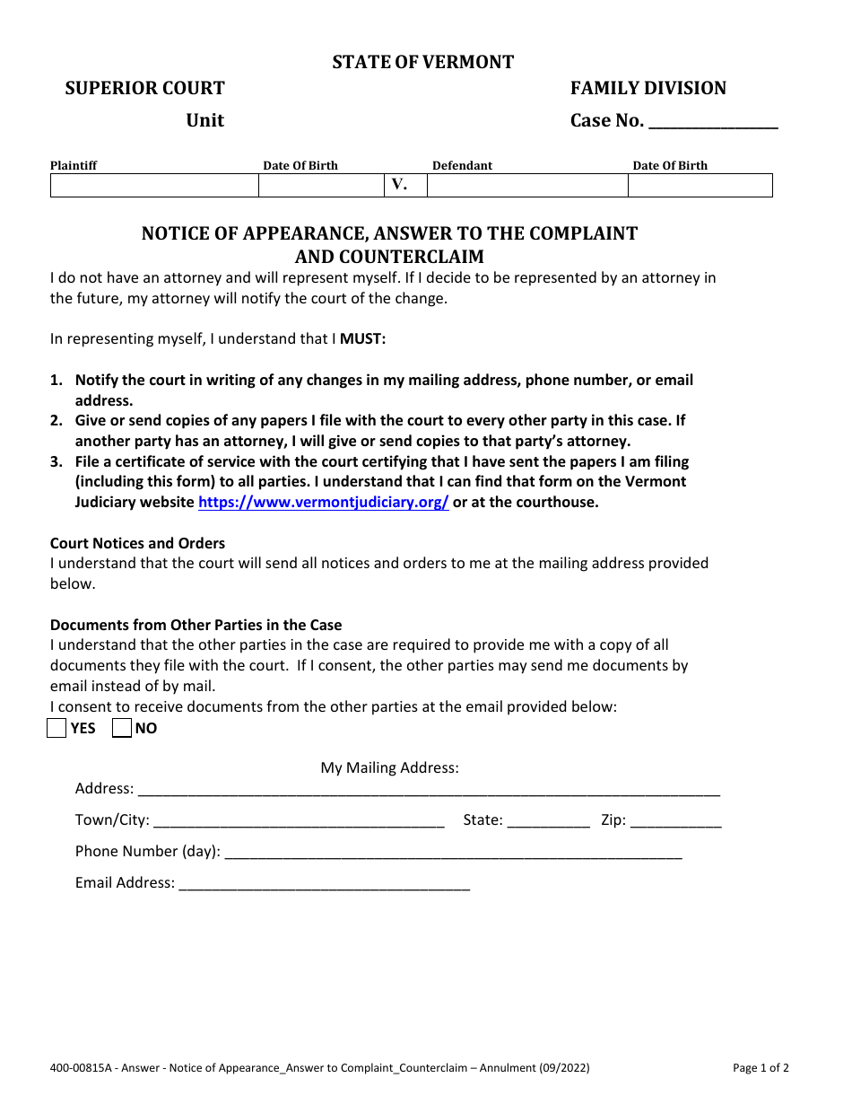 Form 400-00815A Notice of Appearance, Answer to the Complaint and Counterclaim - Vermont, Page 1