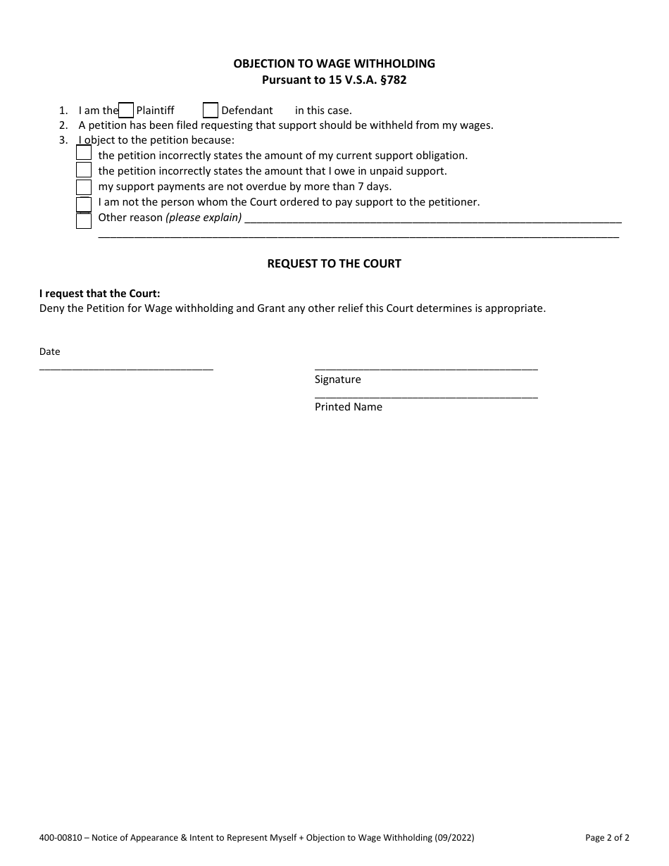 Form 400-00810 Notice of Appearance and Intent to Represent Myself - Objection to Wage Withholding - Vermont, Page 2