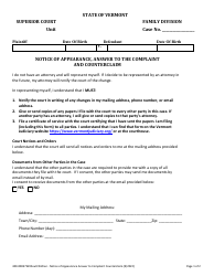 Document preview: Form 400-00837 Notice of Appearance, Answer to the Complaint and Counterclaim - Without Children - Vermont