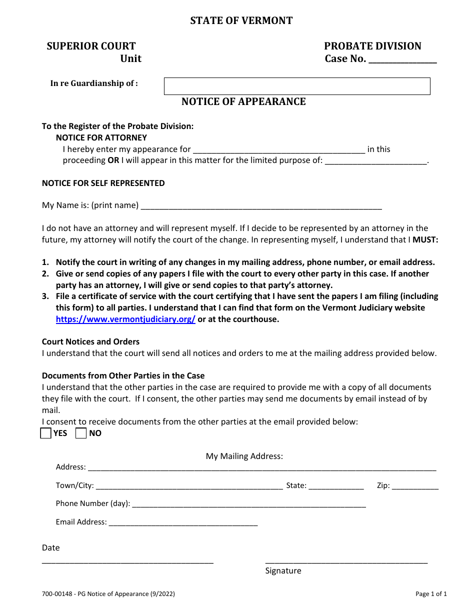 Form 700-00148 Notice of Appearance - Vermont, Page 1