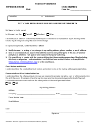 Form 100-00265 Notice of Appearance for Self-represented Party - Vermont