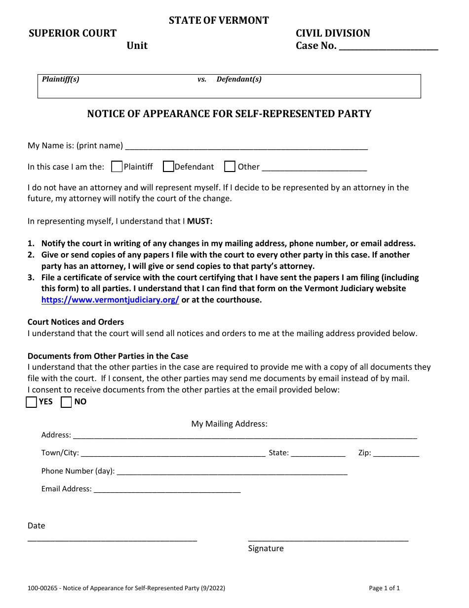 Form 100-00265 Notice of Appearance for Self-represented Party - Vermont, Page 1