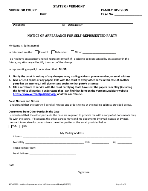 Form 400-00831 Notice of Appearance for Self-represented Party - Vermont