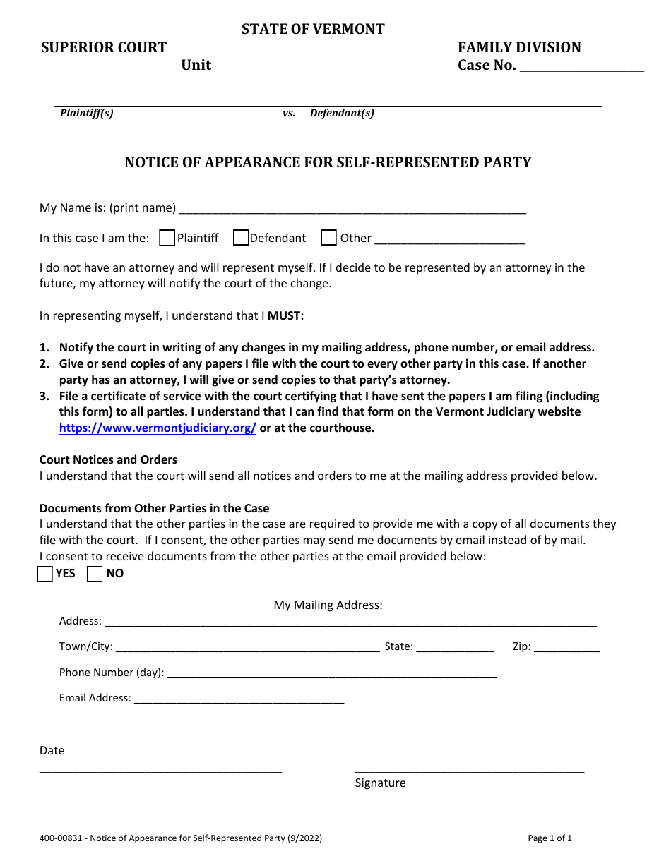 Form 400-00831 Notice of Appearance for Self-represented Party - Vermont, Page 1
