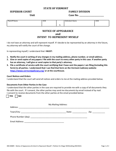 Form 400-00809 Notice of Appearance and Intent to Represent Myself - Vermont