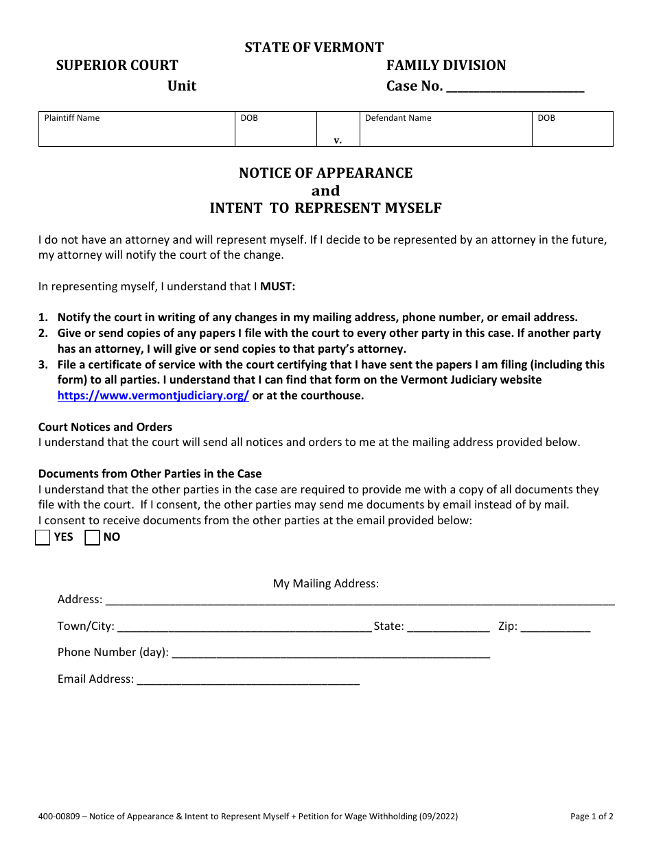 Form 400-00809 Notice of Appearance and Intent to Represent Myself - Vermont, Page 1