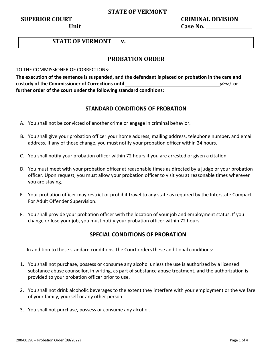 Form 200-00390 Probation Order - Vermont, Page 1