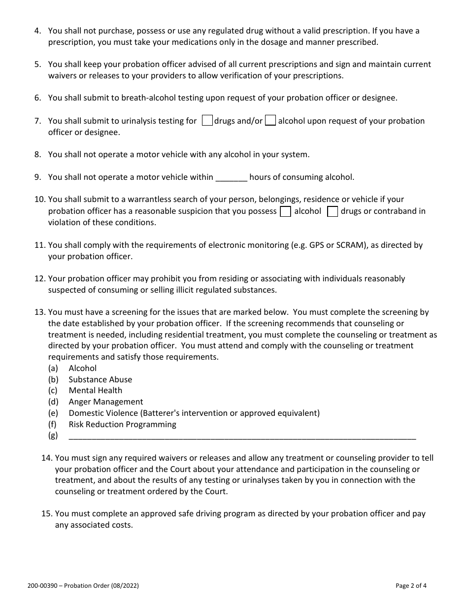 Form 200-00390 Download Fillable PDF or Fill Online Probation Order ...