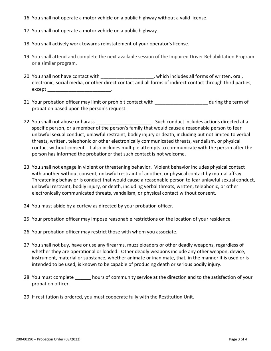 Form 200-00390 Probation Order - Vermont, Page 3