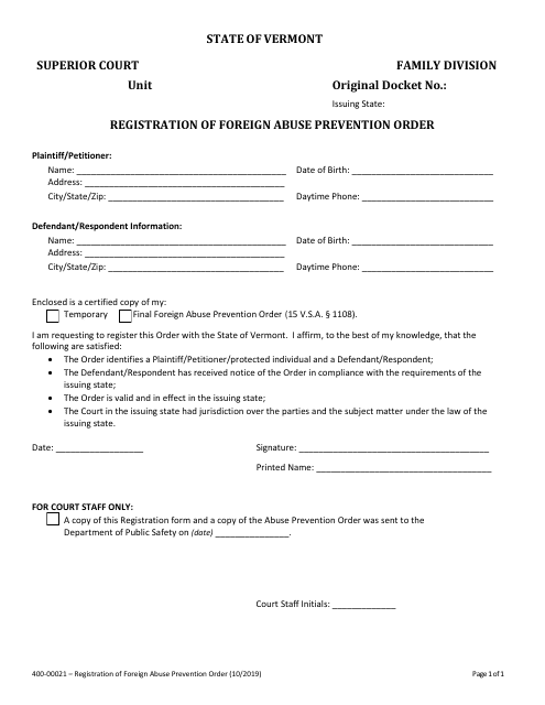 Form 400-00021 Registration of Foreign Abuse Prevention Order - Vermont