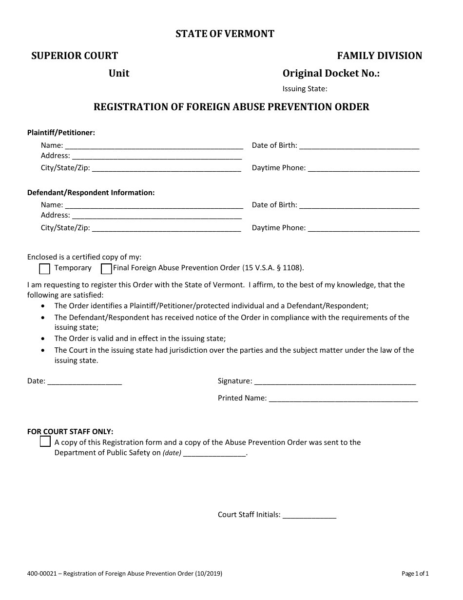 Form 400-00021 Registration of Foreign Abuse Prevention Order - Vermont, Page 1