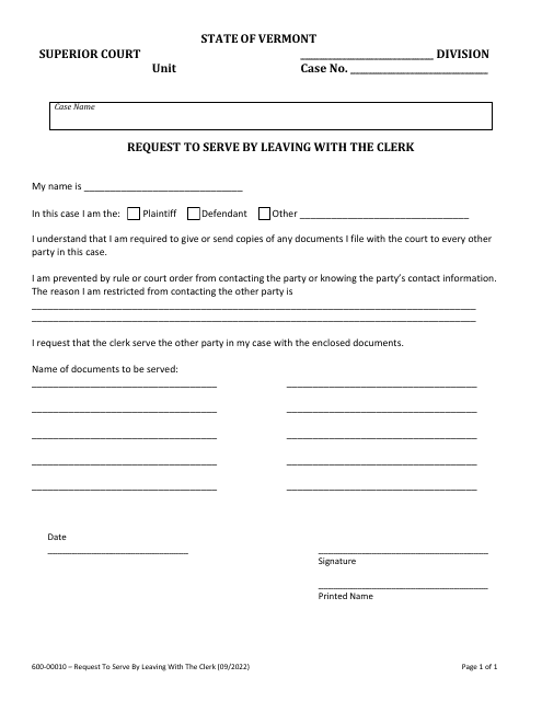 Form 600-00010 Request to Serve by Leaving With the Clerk - Vermont