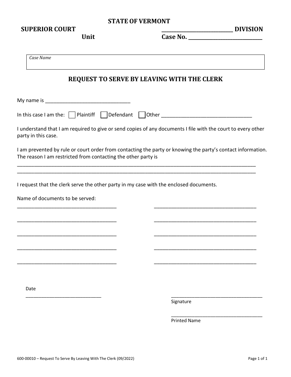 Form 600-00010 Request to Serve by Leaving With the Clerk - Vermont, Page 1