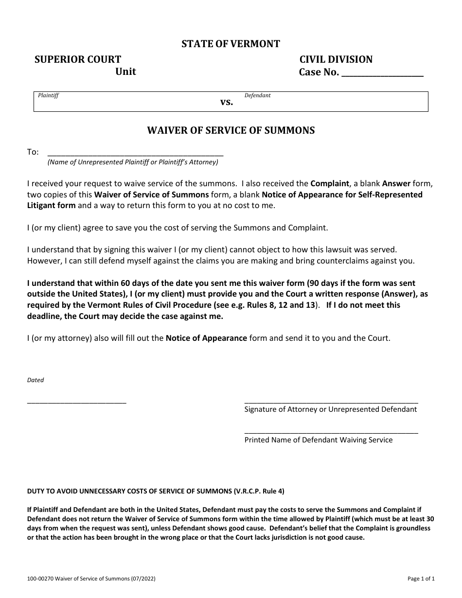 Form 100-00270 Waiver of Service of Summons - Vermont, Page 1