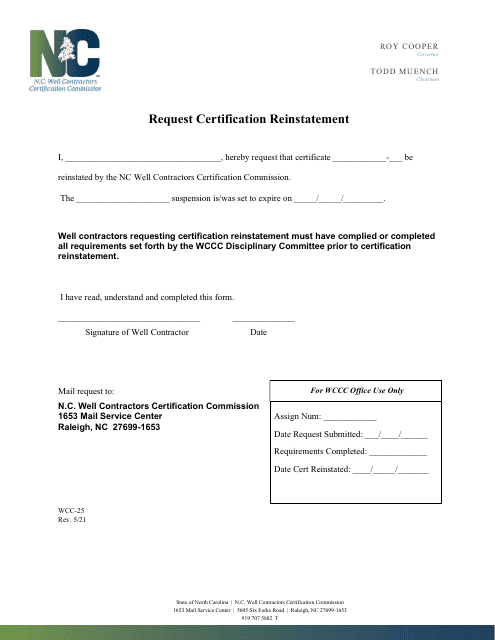 Form WCC-25 Request Certification Reinstatement - North Carolina