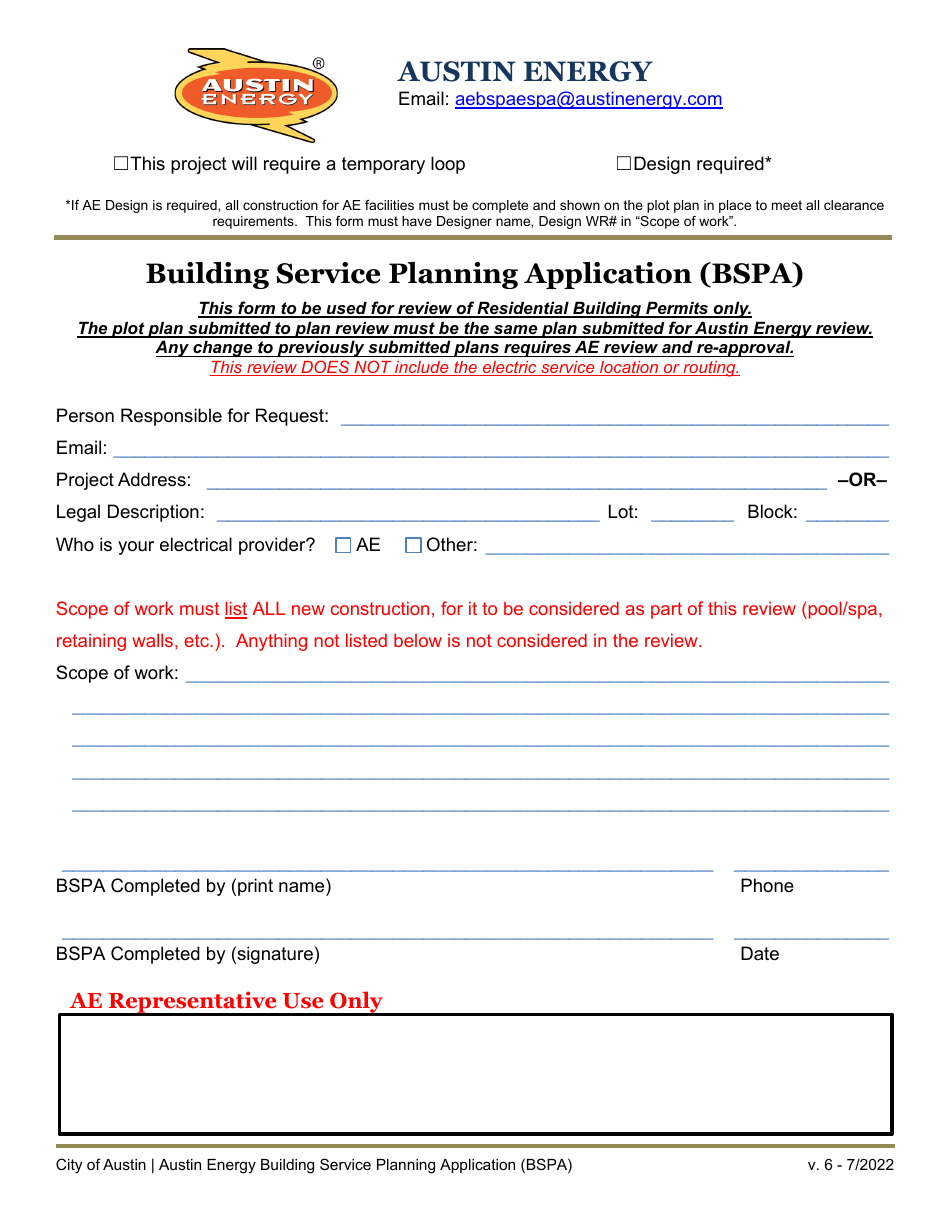 Building Service Planning Application (Bspa) - City of Austin, Texas, Page 1