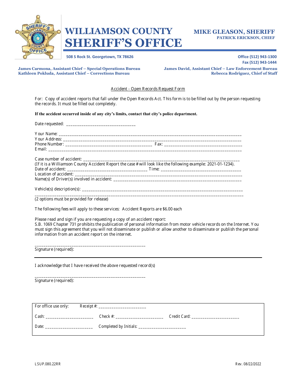 Form LSUP.080.22RR Accident - Open Records Request Form - Williamson County, Texas, Page 1