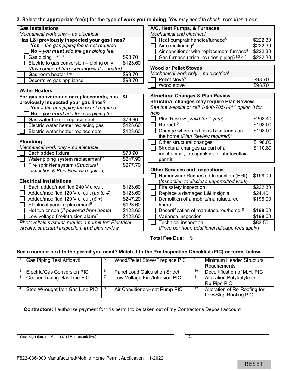 Form F622-036-000 Manufactured / Mobile Home Permit Application - Washington, Page 2