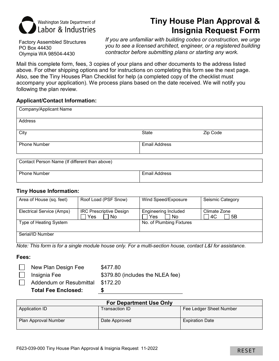 Form F623-039-000 Tiny House Plan Approval  Insignia Request Form - Washington, Page 1