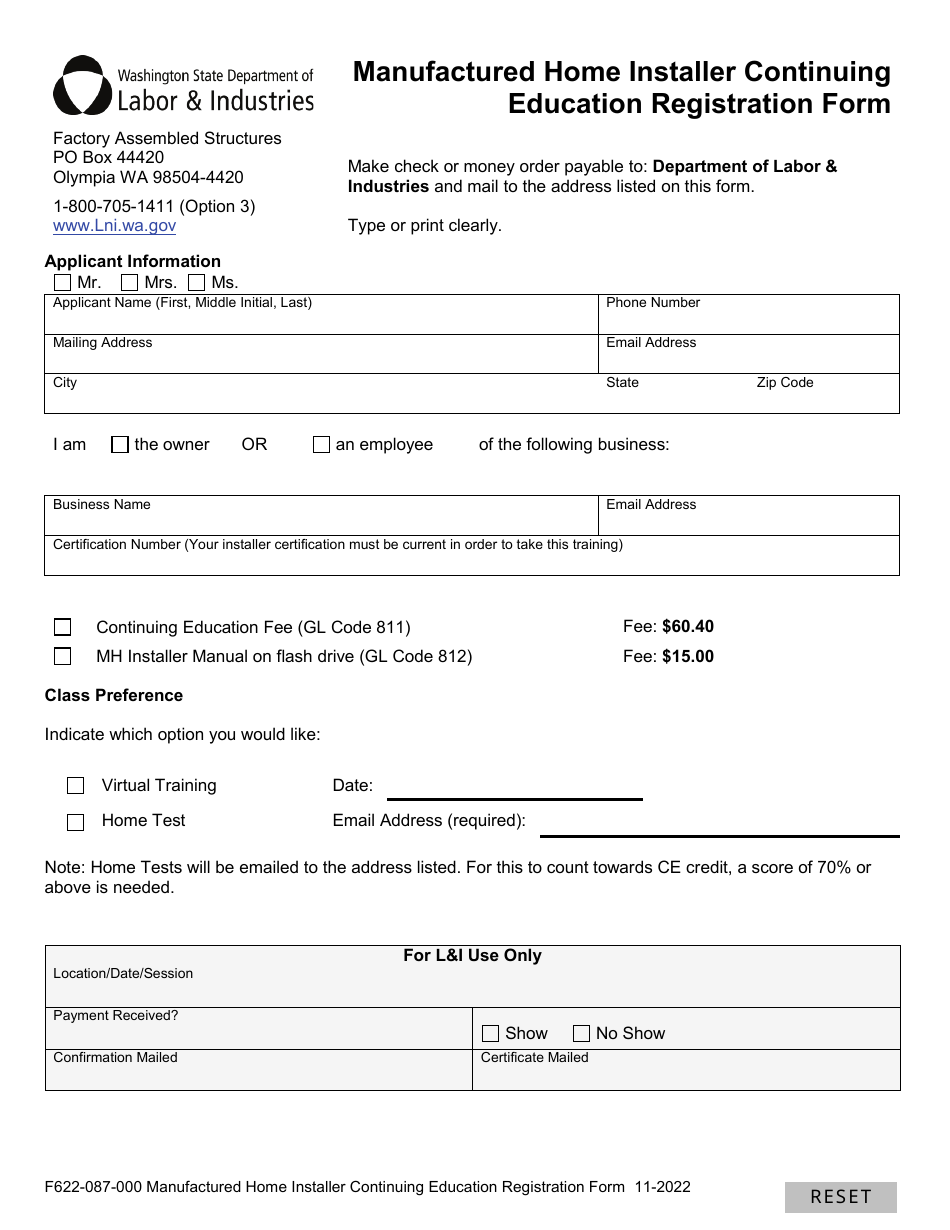 Form F622-087-000 Manufactured Home Installer Continuing Education Registration Form - Washington, Page 1