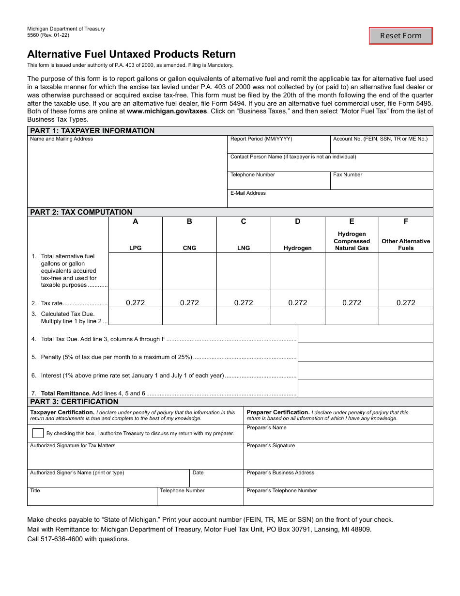 Form 5560 Alternative Fuel Untaxed Products Return - Michigan, Page 1