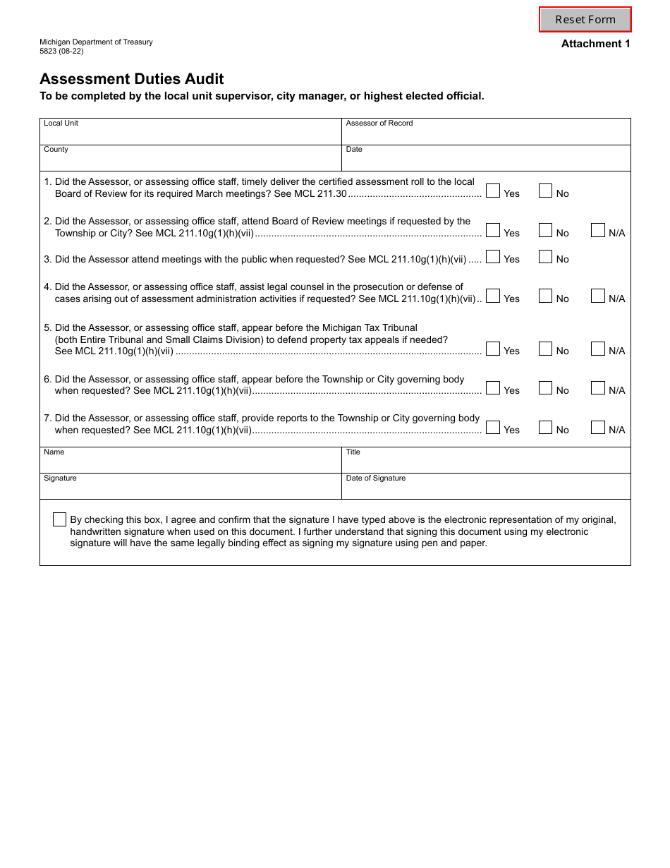 Form 5823 Assessment Duties Audit - Michigan, Page 1