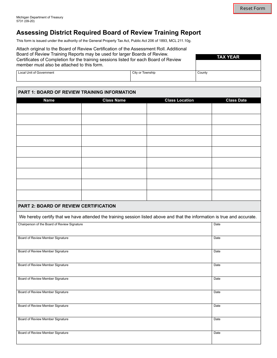 Form 5731 Assessing District Required Board of Review Training Report - Michigan, Page 1