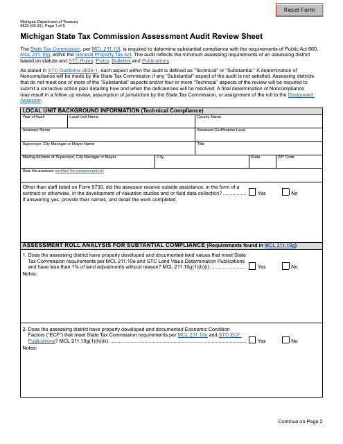 Form 5822 Michigan State Tax Commission Assessment Audit Review Sheet - Michigan
