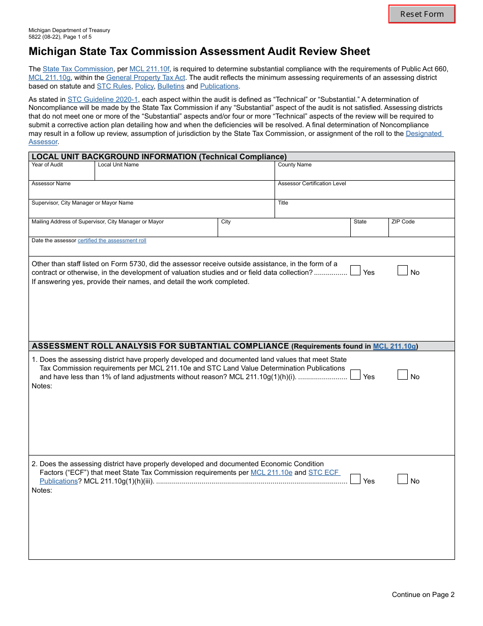 Form 5822 Michigan State Tax Commission Assessment Audit Review Sheet - Michigan, Page 1