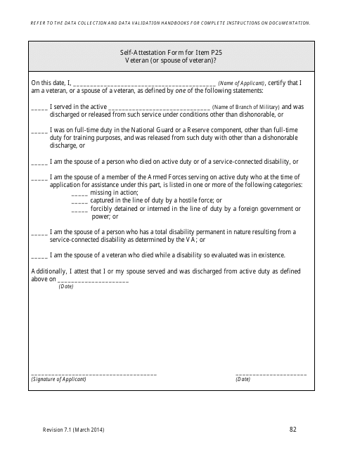 Self-attestation Form for Item P25 - Veteran (Or Spouse of Veteran) - North Carolina Download Pdf