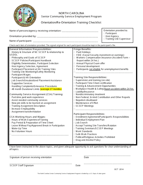Orientation / Re-orientation Training Checklist - Senior Community Service Employment Program - North Carolina Download Pdf