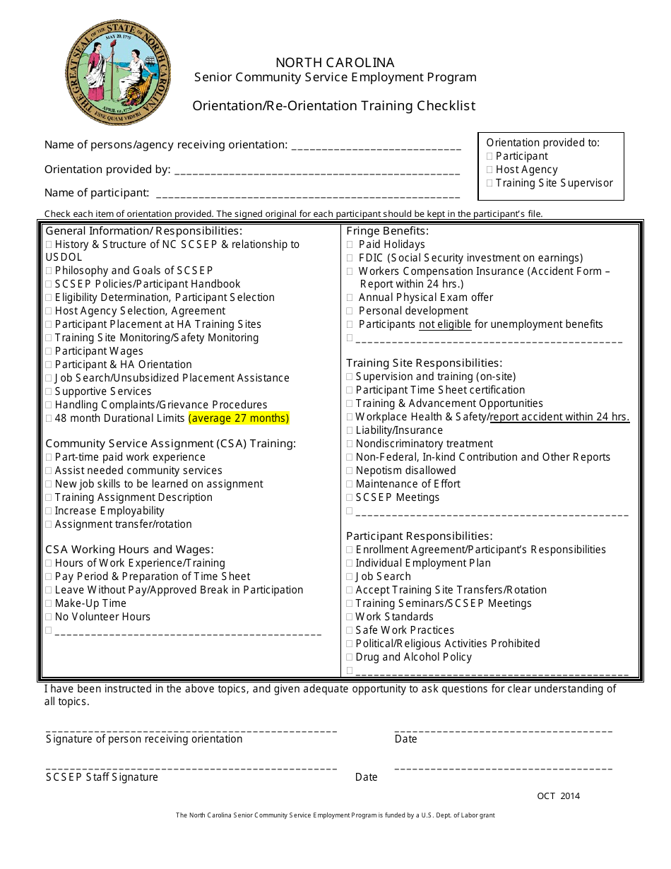 Orientation / Re-orientation Training Checklist - Senior Community Service Employment Program - North Carolina, Page 1