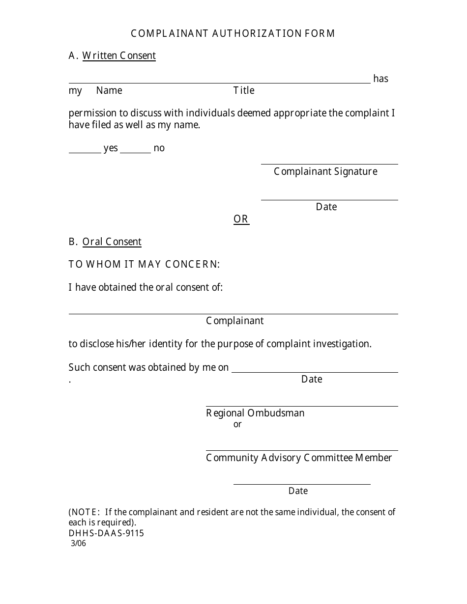 Form DHHS-DAAS-9115 Complainant Authorization Form - North Carolina, Page 1