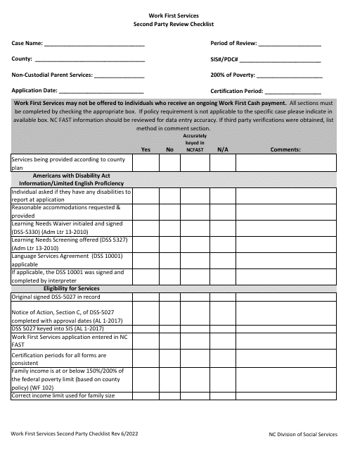 Work First Services Second Party Review Checklist - North Carolina Download Pdf