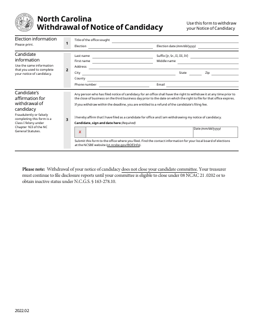 Withdrawal of Notice of Candidacy - North Carolina Download Pdf