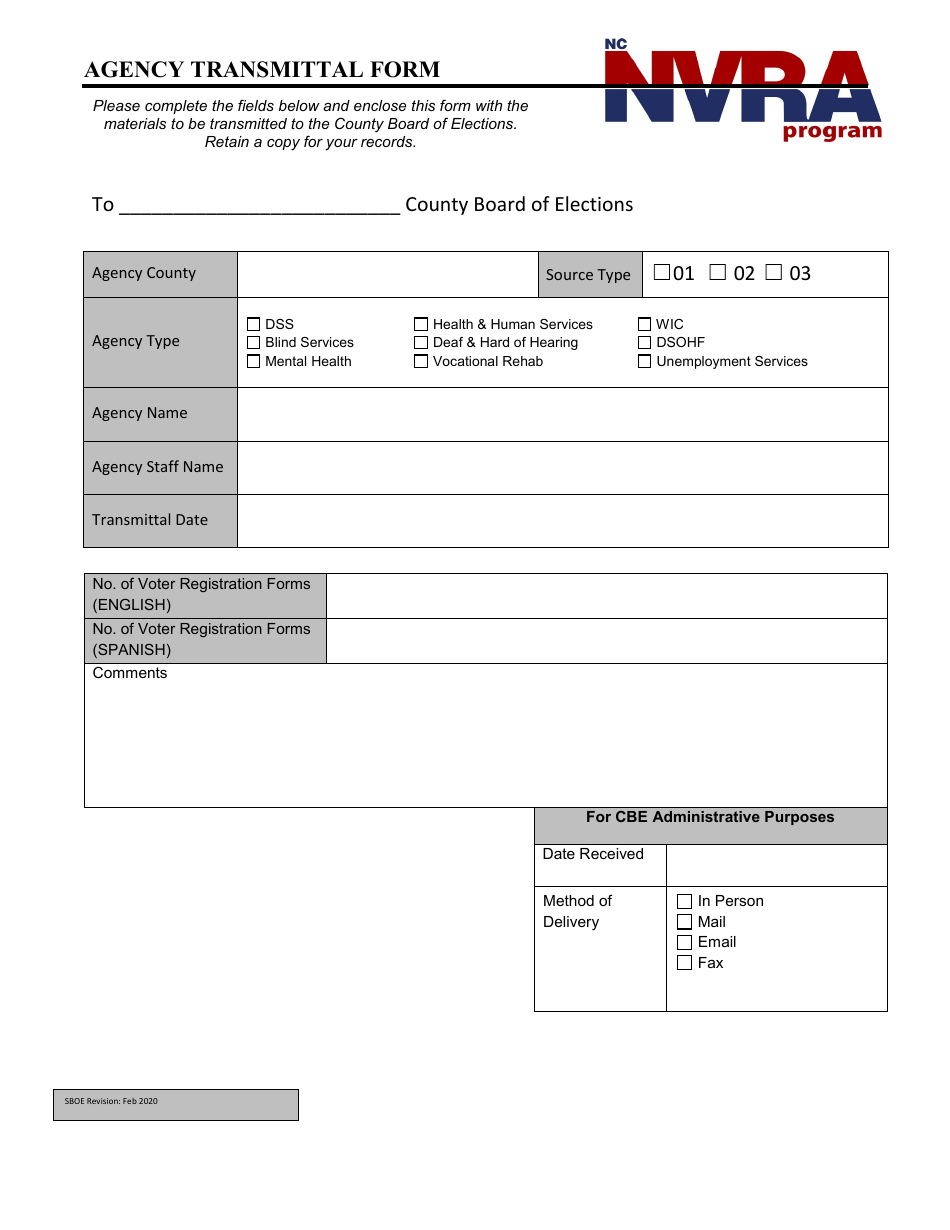 Agency Transmittal Form - North Carolina, Page 1