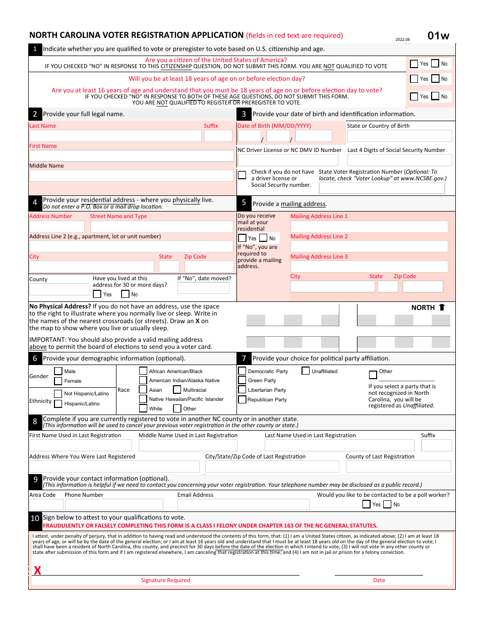 Form 01W North Carolina Voter Registration Application - Public Assistance Agencies - North Carolina, Page 1