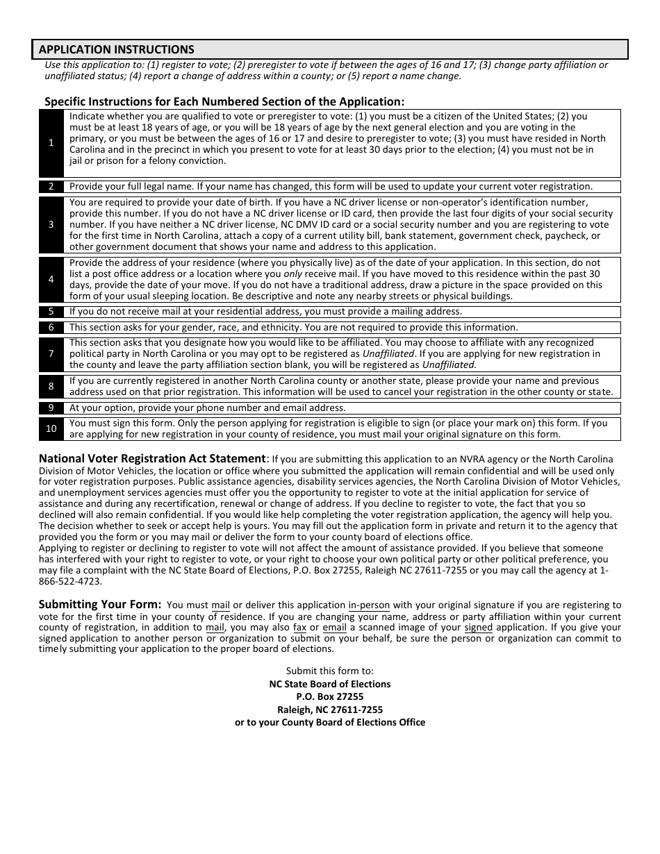 Form 01W North Carolina Voter Registration Application - Public Assistance Agencies - North Carolina, Page 2