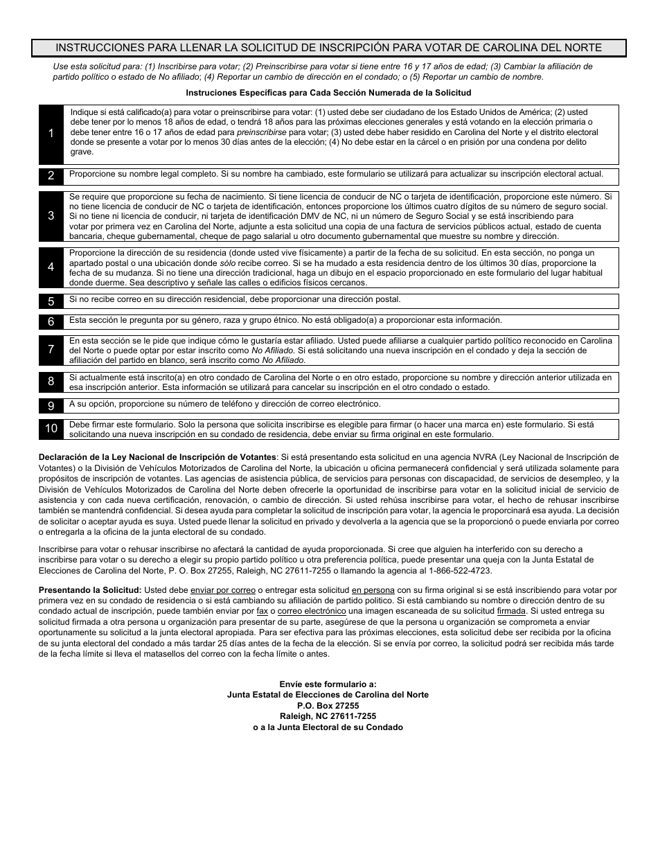 Formulario 09NVRAW Solicitud De Inscripcion Para Votar En Carolina Del Norte - Nvra Agencies - North Carolina (Spanish), Page 2