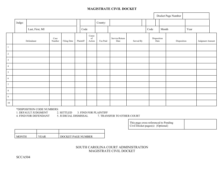 Form SCCA504 Magistrate Civil Docket - South Carolina, Page 1
