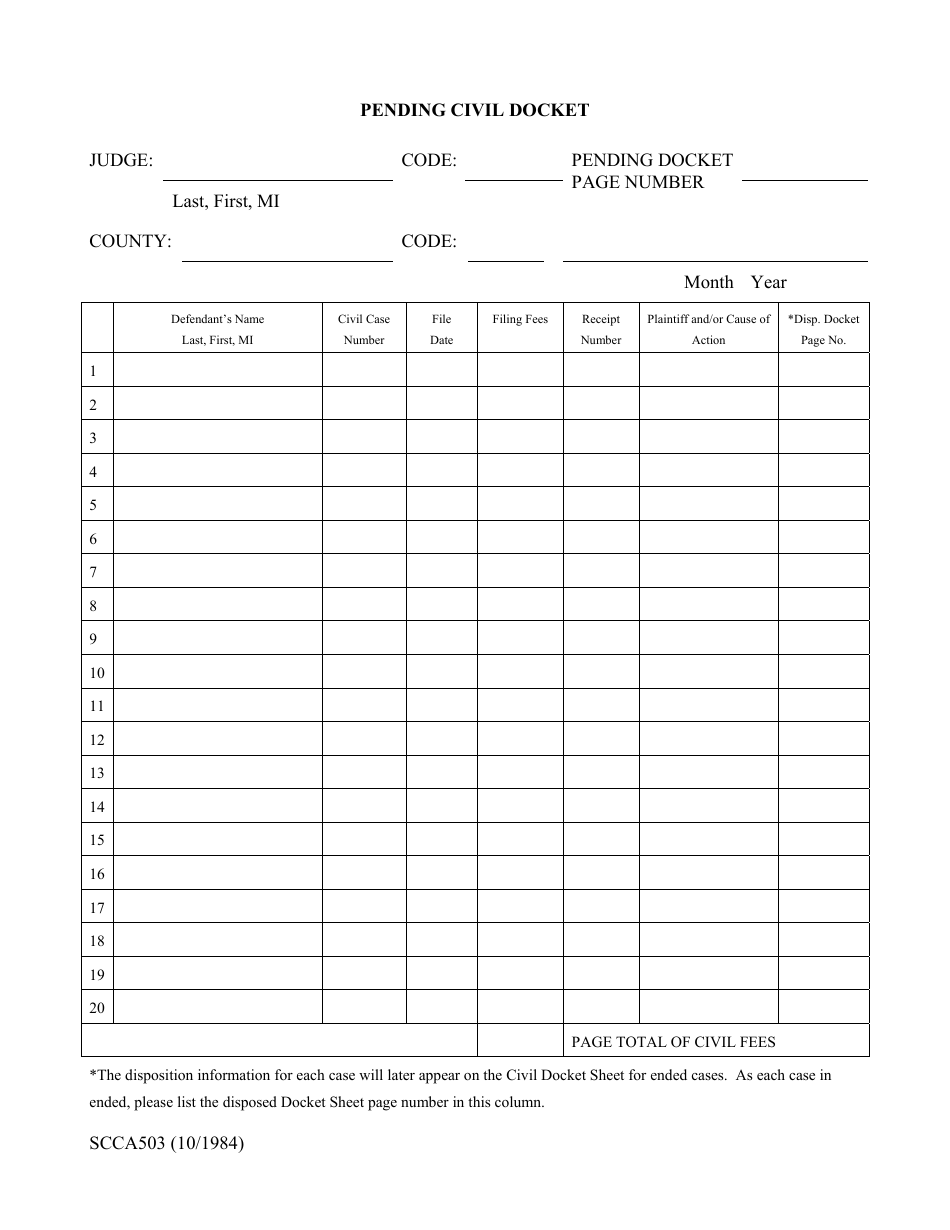 Form SCCA503 Pending Civil Docket - South Carolina, Page 1