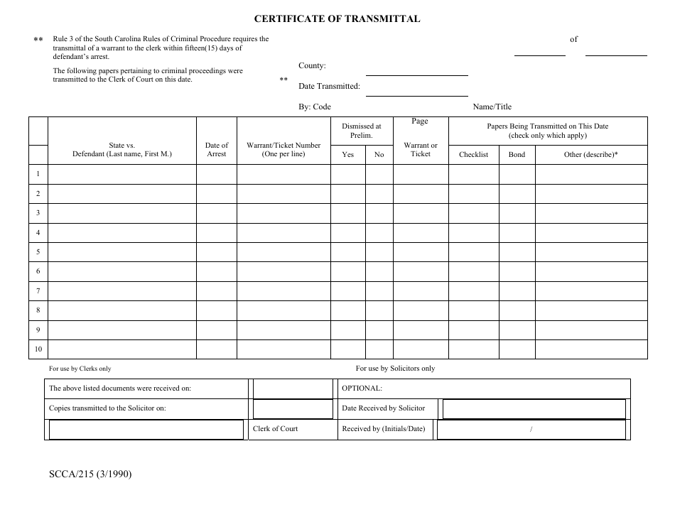 Form SCCA / 215 Certificate of Transmittal - South Carolina, Page 1